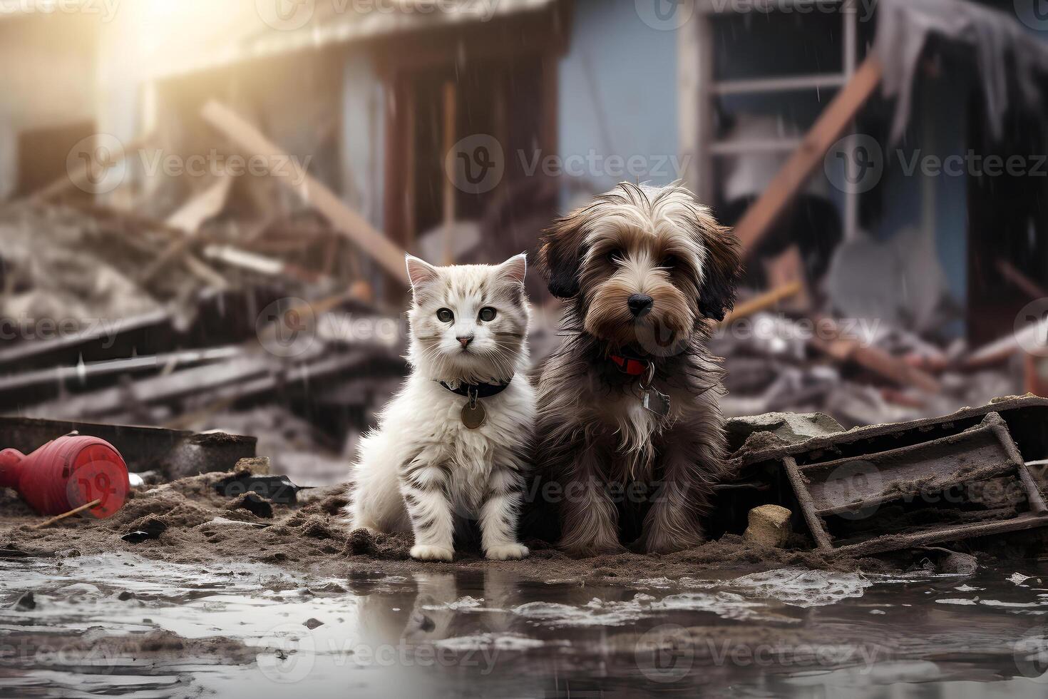 ai generado solo y hambriento mascotas después desastre en el antecedentes de casa escombros, neural red generado imagen foto