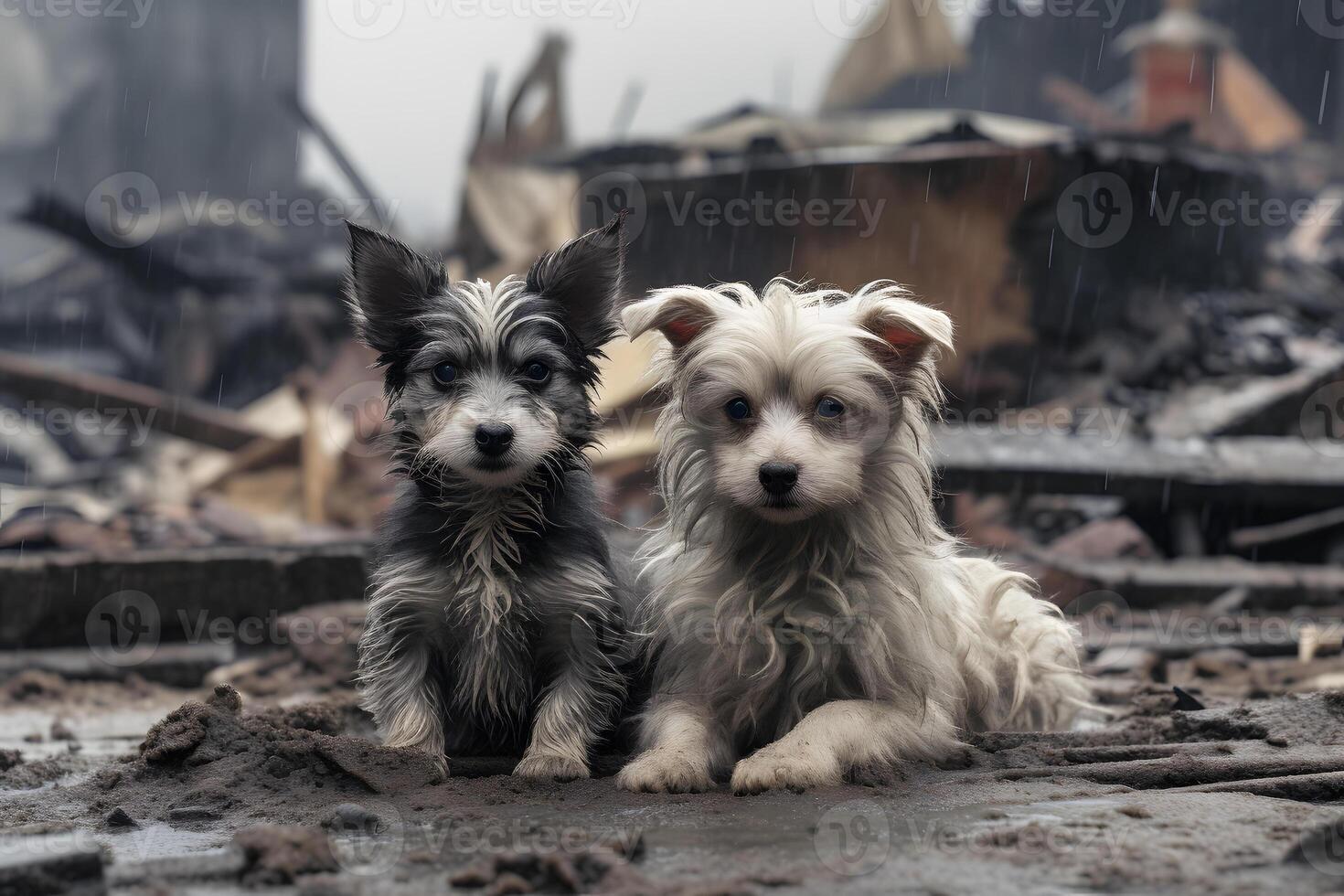 AI generated alone and hungry pets after disaster on the background of house rubble, neural network generated image photo