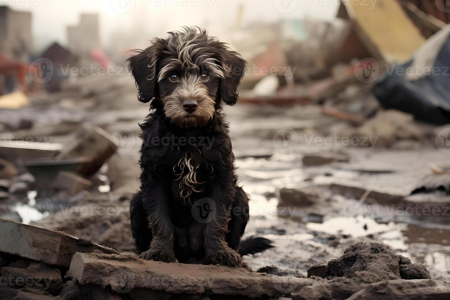 AI generated alone and hungry domestic dog after disaster on the background of house rubble, neural network generated image photo