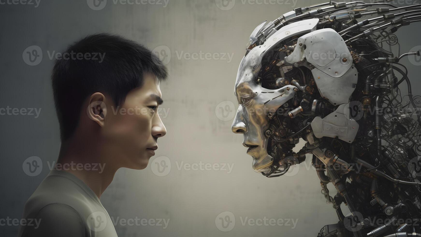 ai generado asiático joven adulto hombre versus robot mirando a cada otro, cara a rostro, lado vista, neural red generado imagen foto