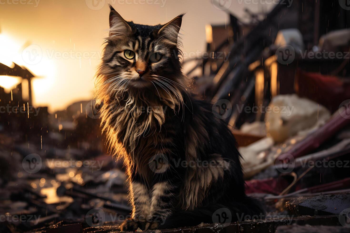 AI generated alone and hungry domestic cat after disaster on the background of house rubble, neural network generated image photo