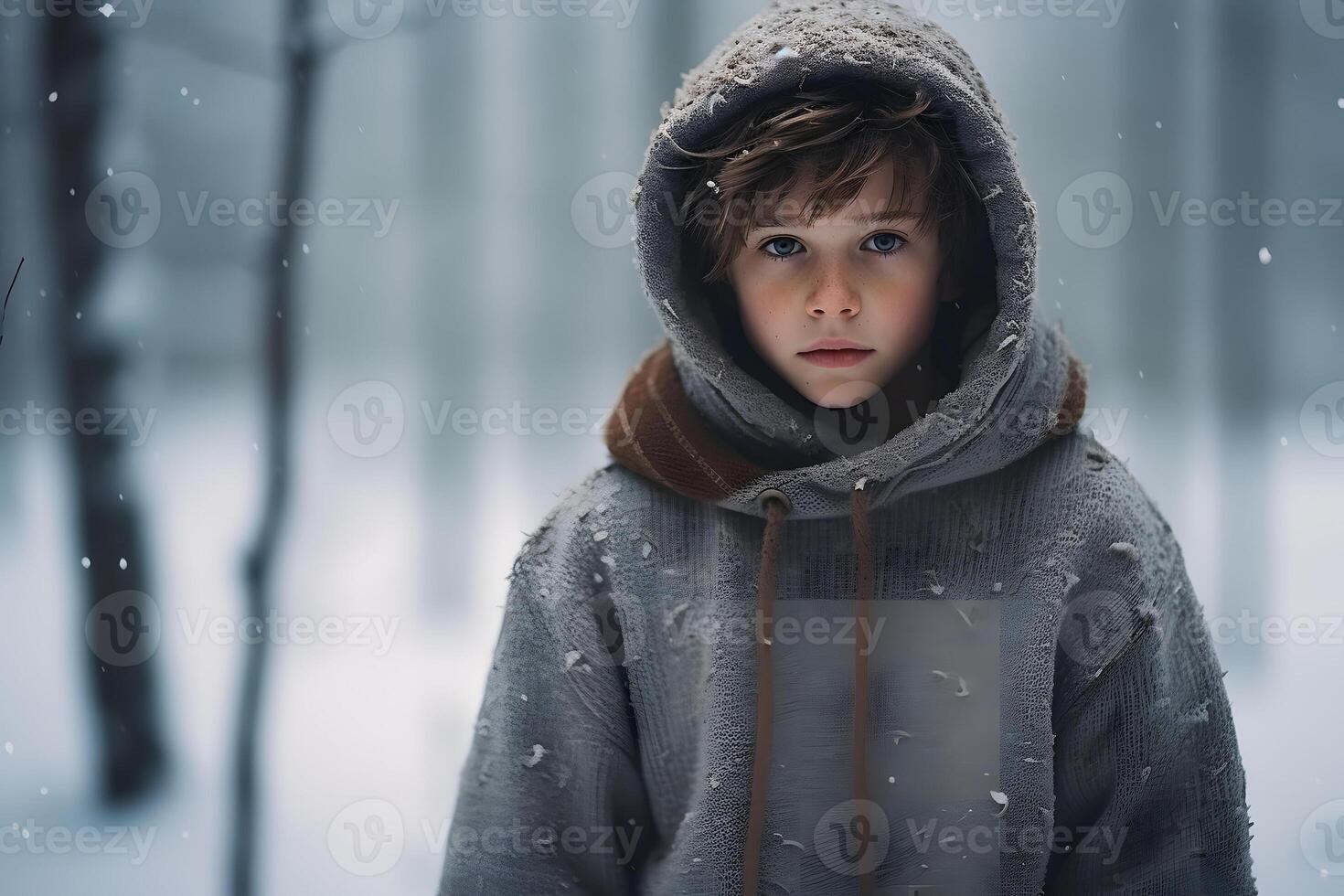 AI generated Caucasian boy lost in forest at snowy winter day, neural network generated photorealistic image photo