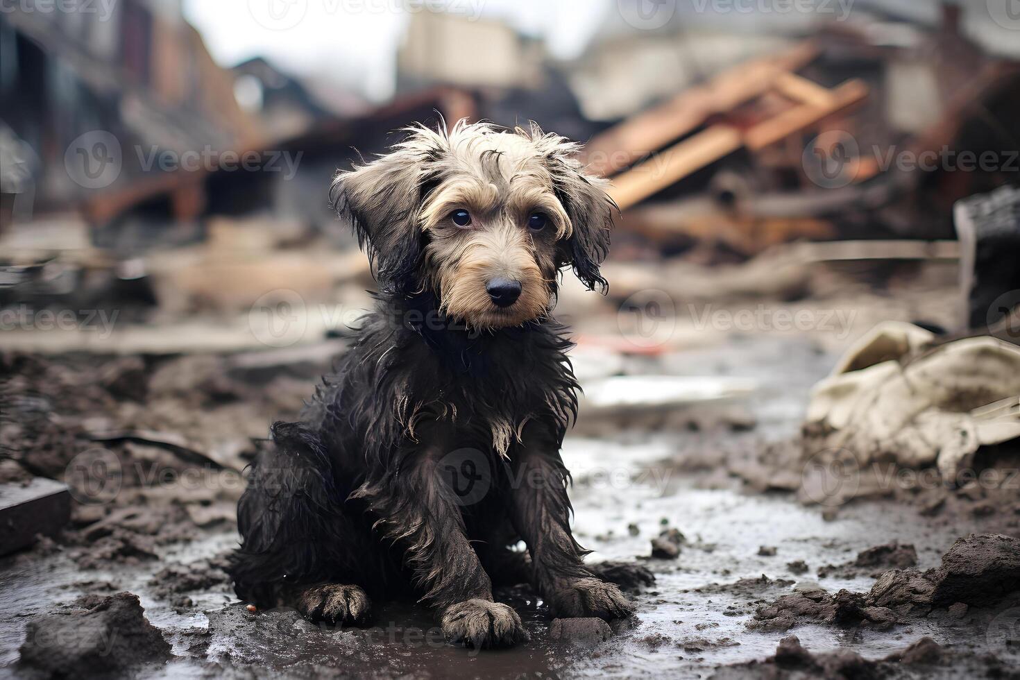 AI generated alone and hungry domestic dog after disaster on the background of house rubble, neural network generated image photo