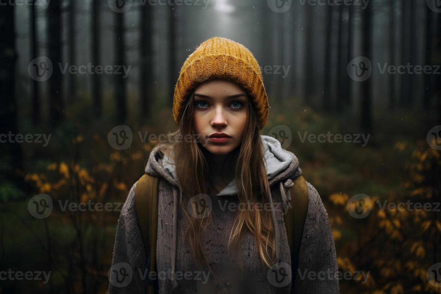 AI generated Long haired Caucasian girl in autumn forest at day, neural network generated photorealistic image photo