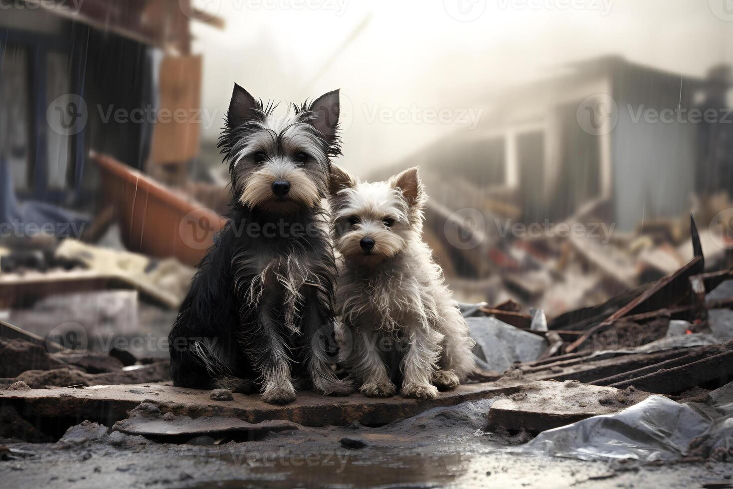 AI generated alone and hungry dogs after disaster on the background of house rubble, neural network generated image photo