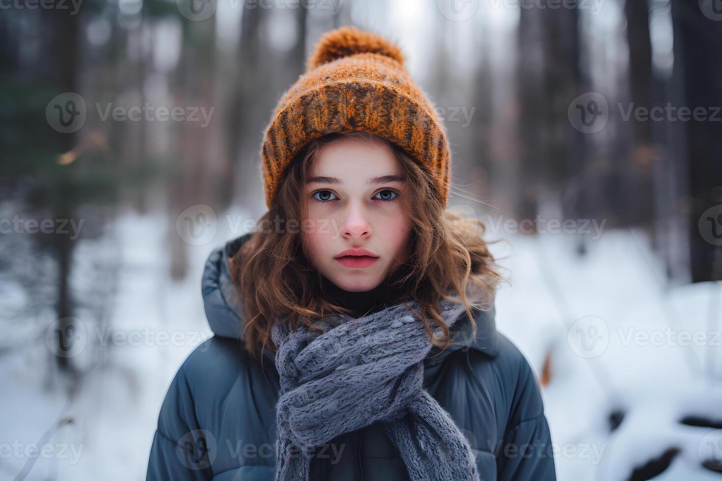 AI generated Caucasian girl lost in snowy winter forest at day, neural network generated photorealistic image photo