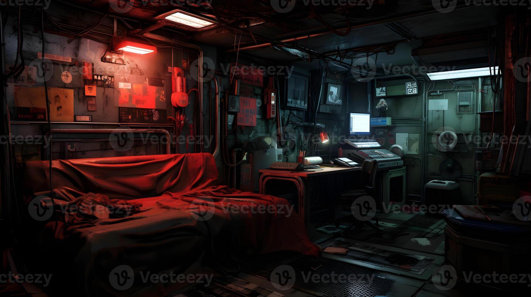 AI generated Messy and dark cyberpunk hacker hideout room. Neural network generated image photo