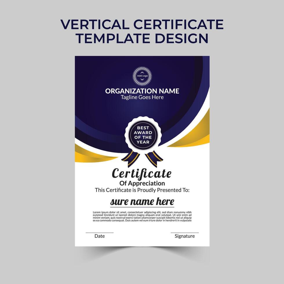 Elegant certificate template design for school, college and university with creative, professional, eye catching and modern vertical layout vector