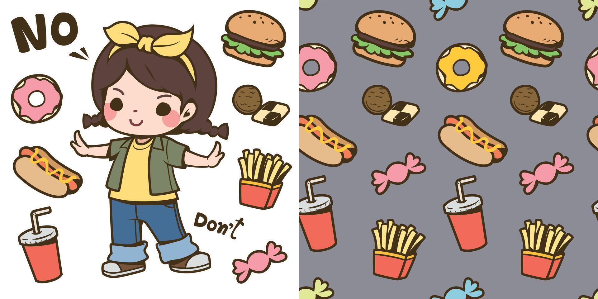 Cute girl and junk food vector