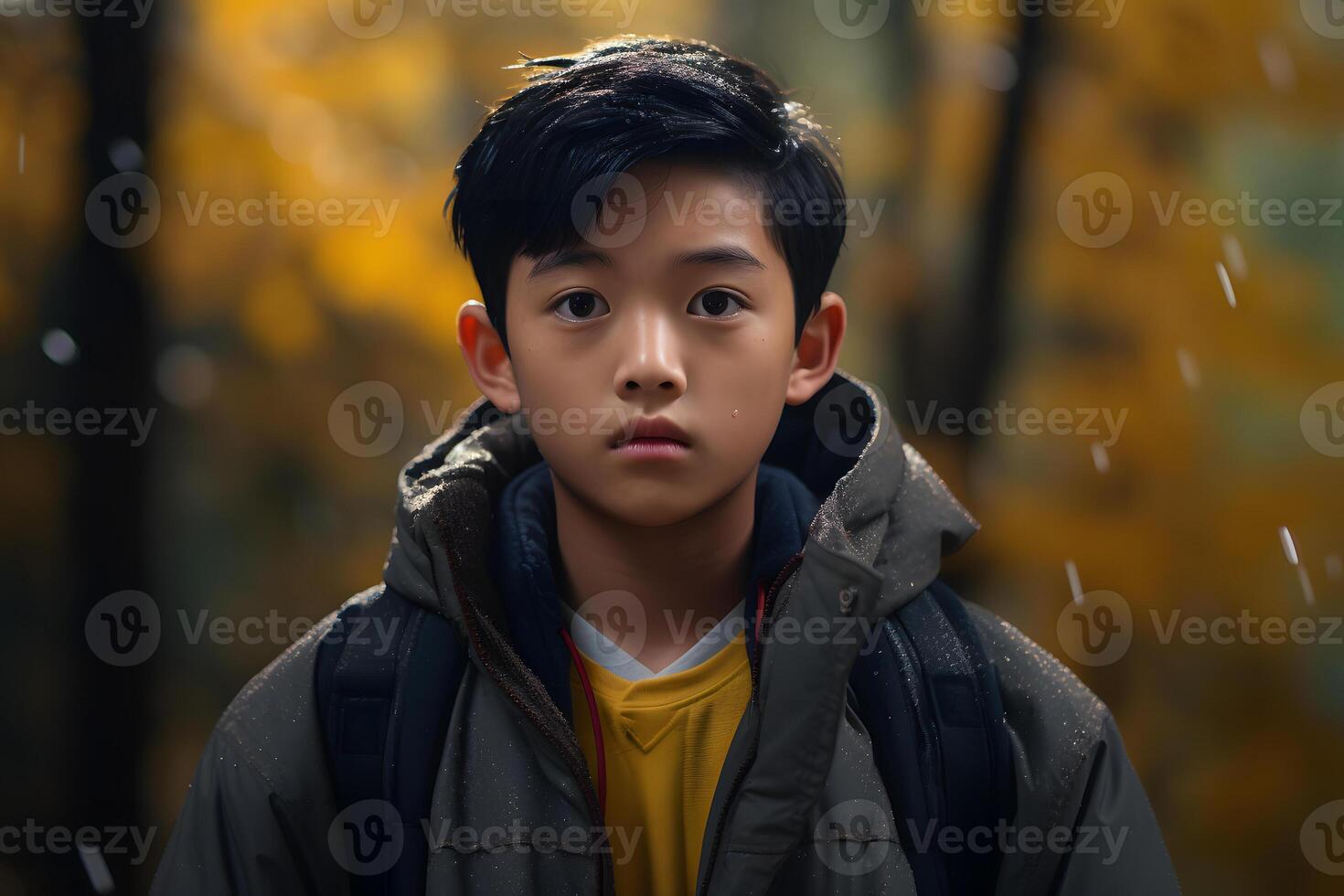AI generated Asian boy in forest at autumn evening, neural network generated photorealistic image photo
