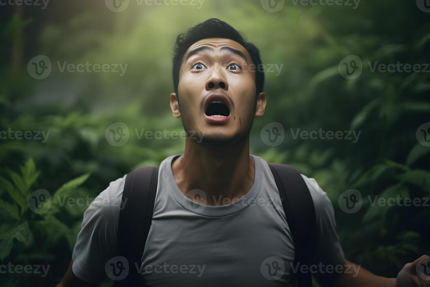 AI generated scared Asian young adult man lost in forest at summer, neural network generated photorealistic image photo