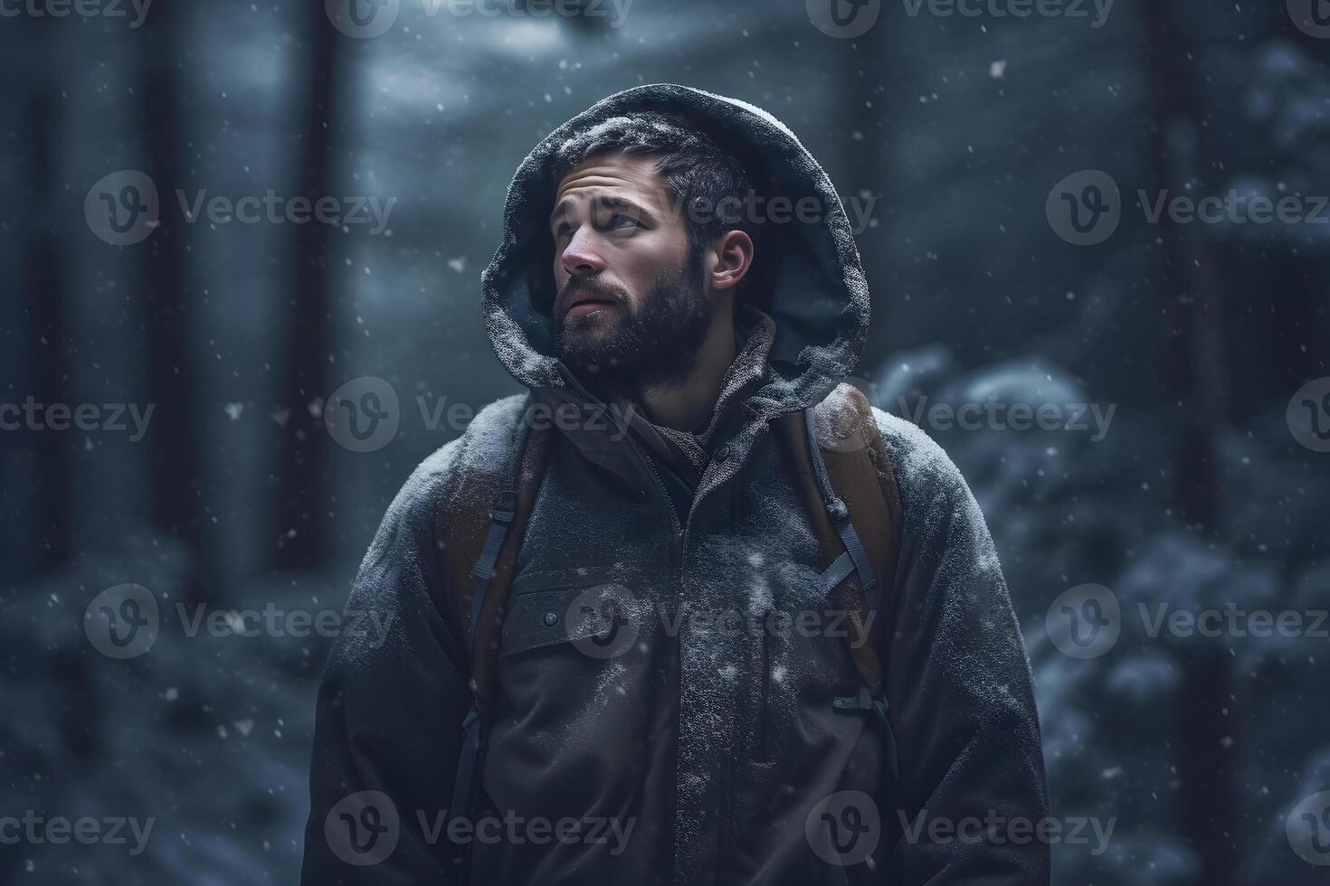 AI generated Young adult Caucasian man in winter forest, neural network generated photorealistic image photo