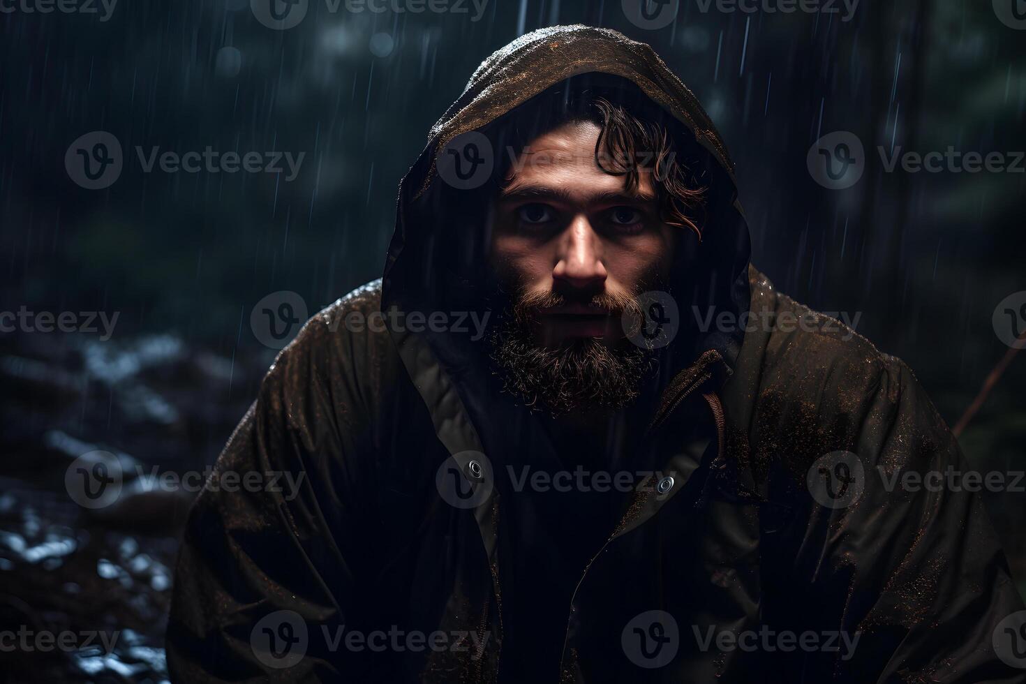 AI generated Caucasian man with beard lost in forest at rainy night, neural network generated photorealistic image photo