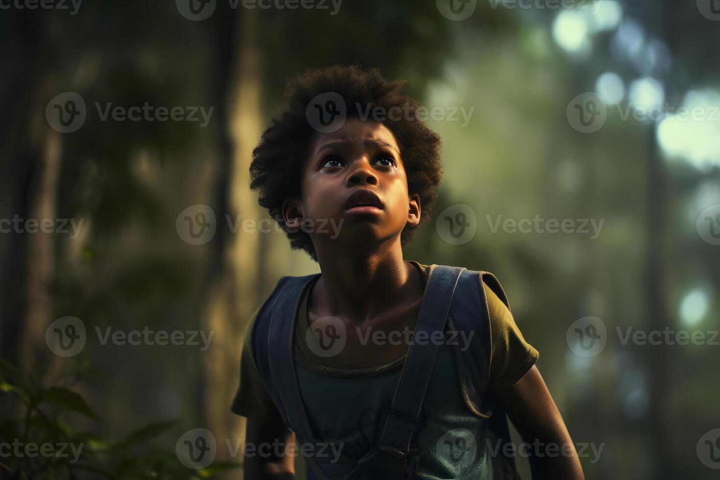 AI generated African American boy lost in forest at summer, neural network generated photorealistic image photo