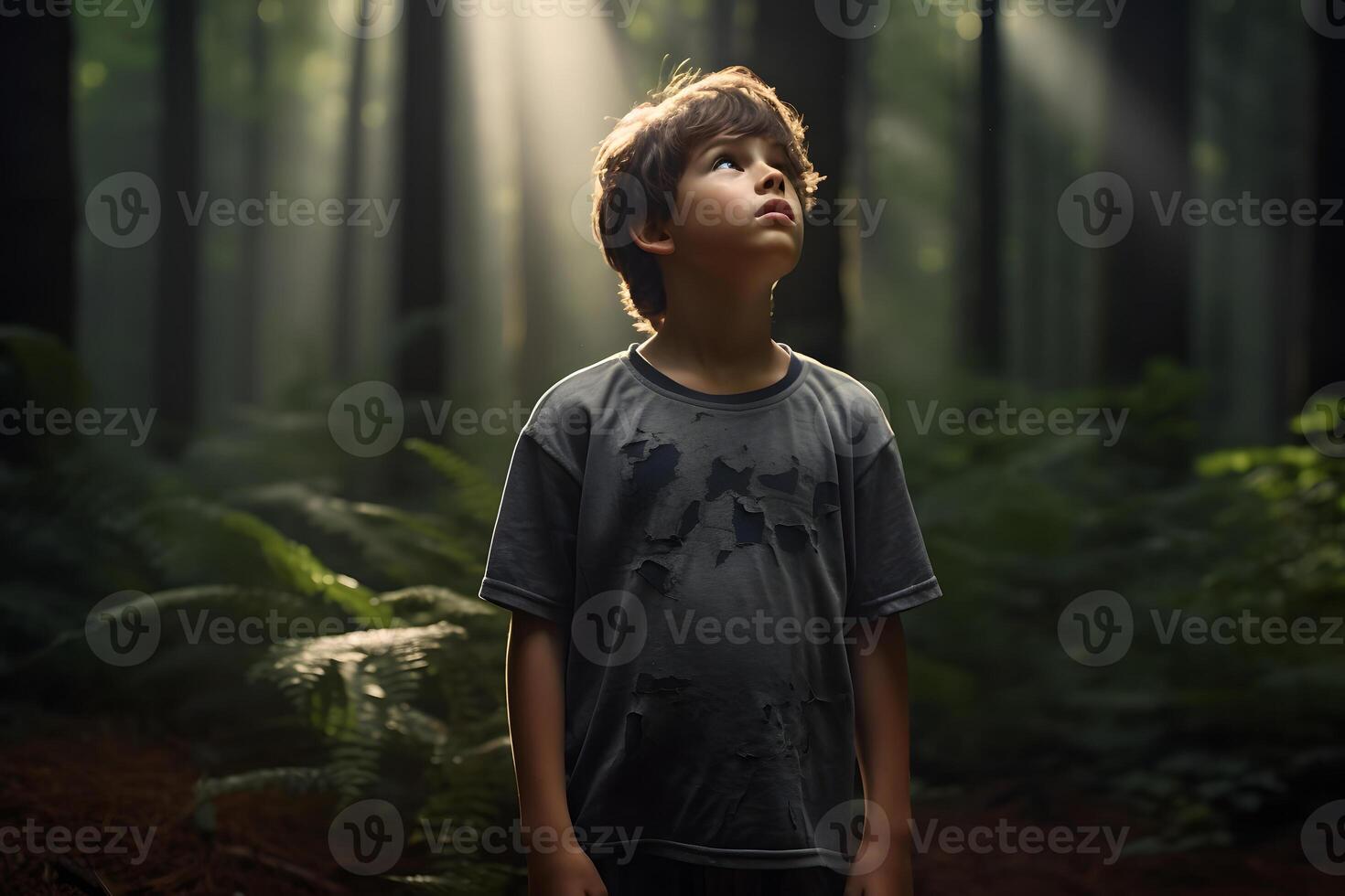 ai generado caucásico niño perdido en bosque a verano día, neural red generado fotorrealista imagen foto