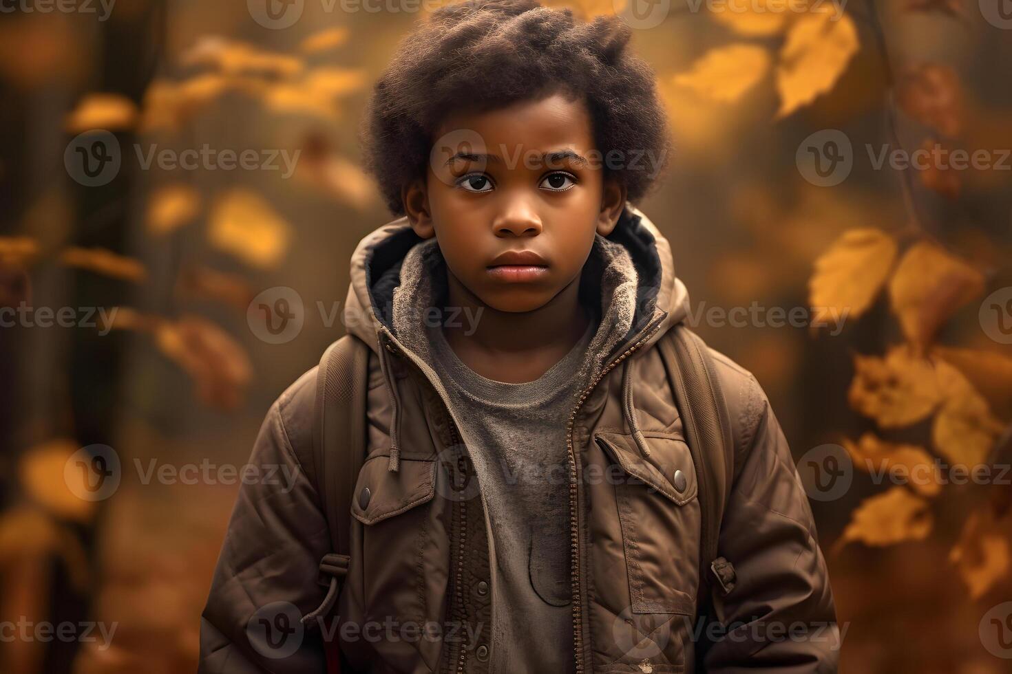 AI generated African American boy lost in forest at autumn evening, neural network generated photorealistic image photo