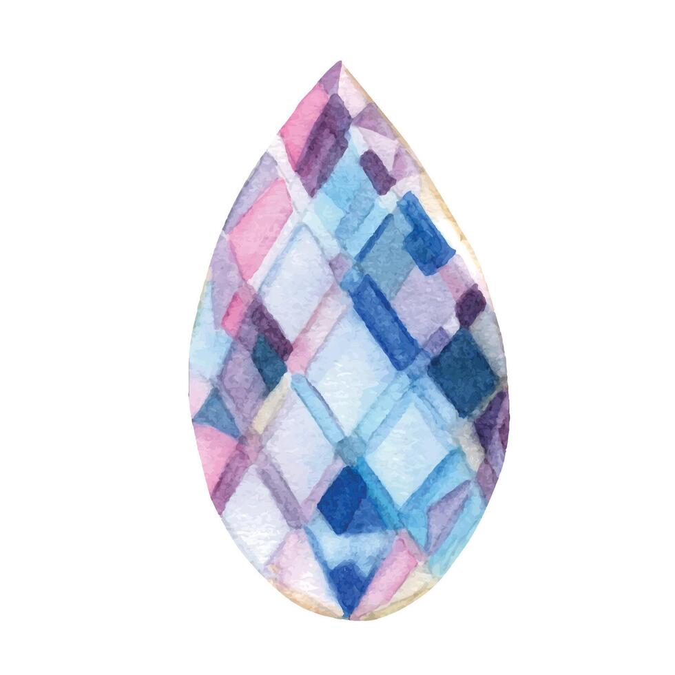 Blue and violet glass crystal. Rainbow suncatcher. Watercolor hand drawn illustration. vector