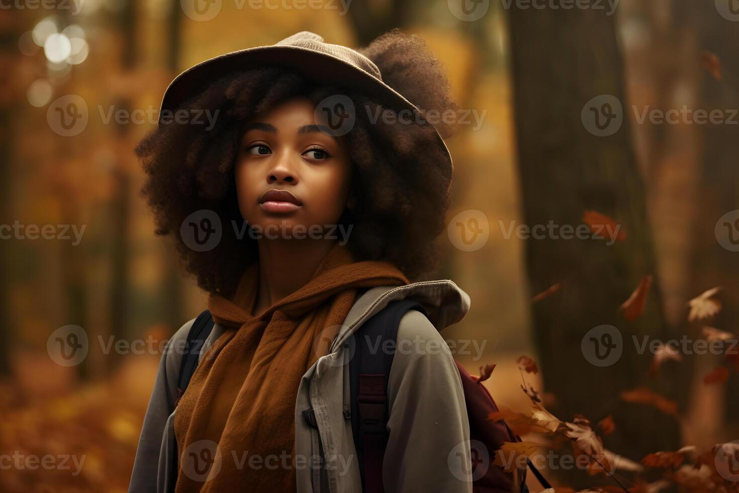 AI generated African American girl lost in forest at autumn evening, neural network generated photorealistic image photo