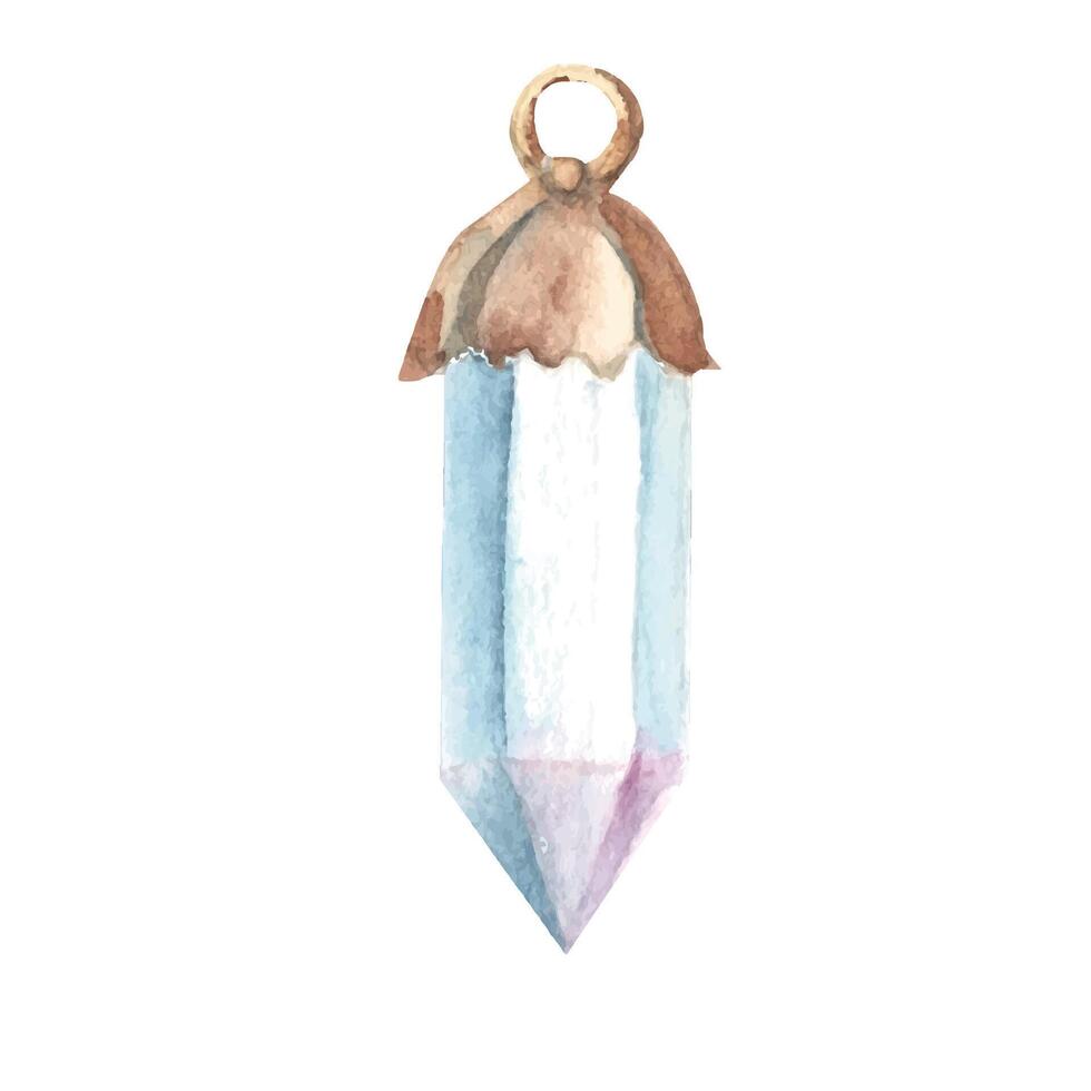 Jewelry white quartz crystal with copper frame. Vintage design element. Watercolor hand drawn illustration. vector