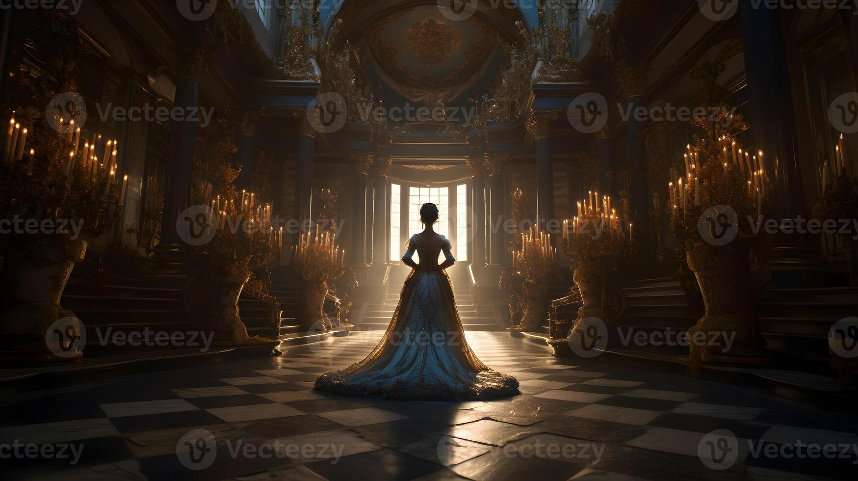 AI generated Alone woman in Baroque dress standing inside large abanodned mansion hall in Baroque style, neural network generated image photo
