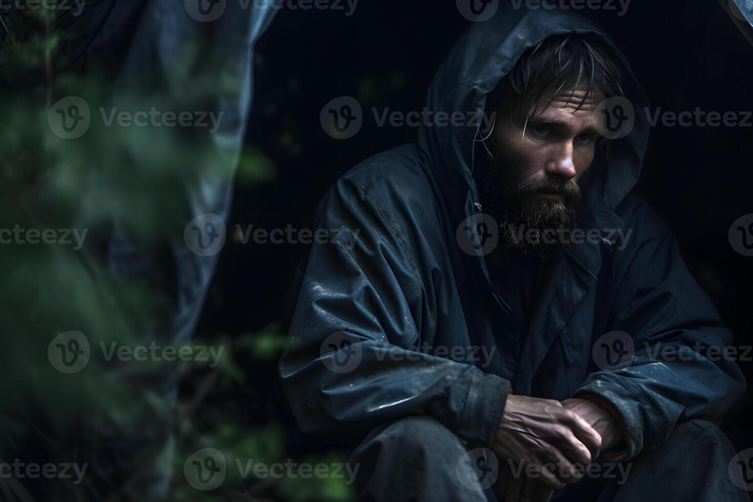 ai generado triste caucásico joven adulto hombre sentado debajo cubrir de tienda a lluvioso verano noche, neural red generado fotorrealista imagen foto