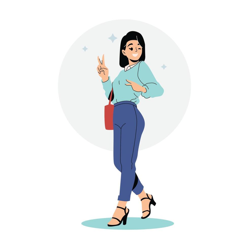 hermosa mujer con alegre cara y de moda ropa, plano estilo. vector