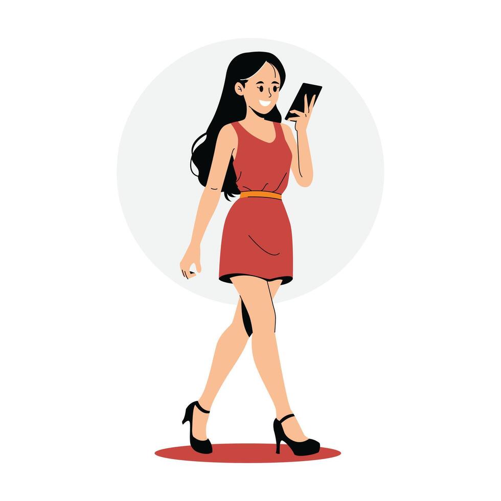 hermosa mujer caminando y mirando a su móvil teléfono. vector