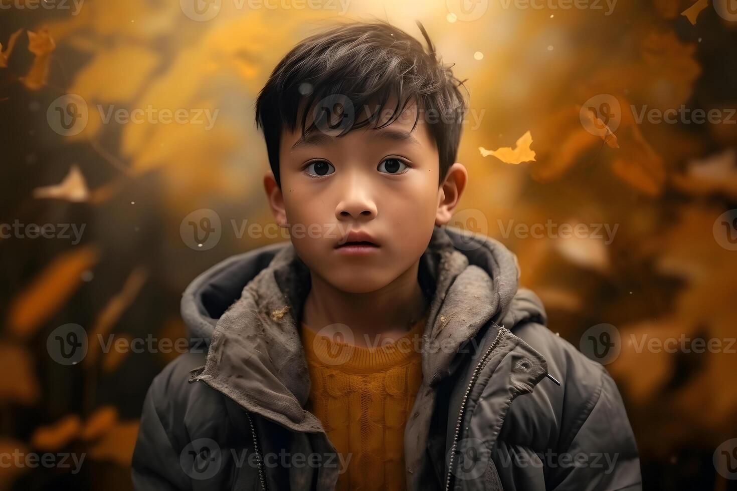 AI generated Asian boy in forest at autumn evening, neural network generated photorealistic image photo