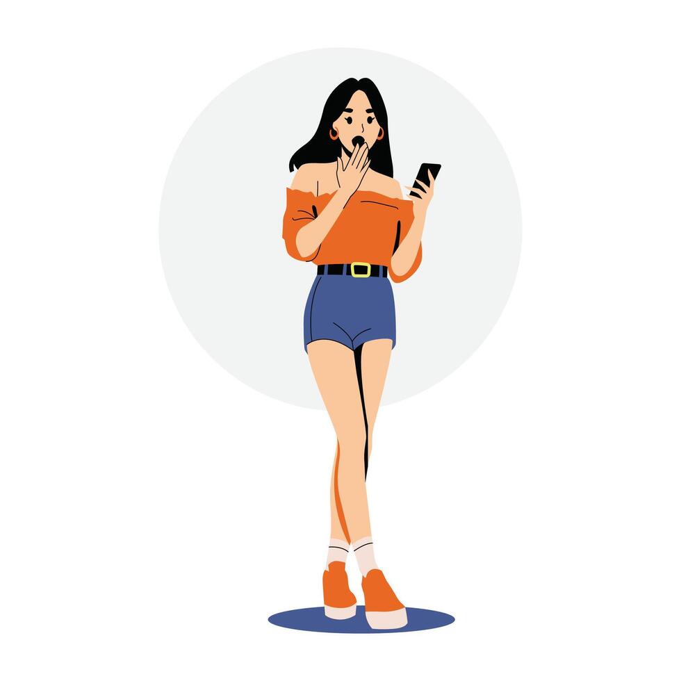 Beautiful Fashionable Woman Surprised Looking at Her Phone. vector