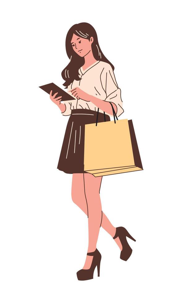 Shopping Woman Walking, Looking At Her Notes vector