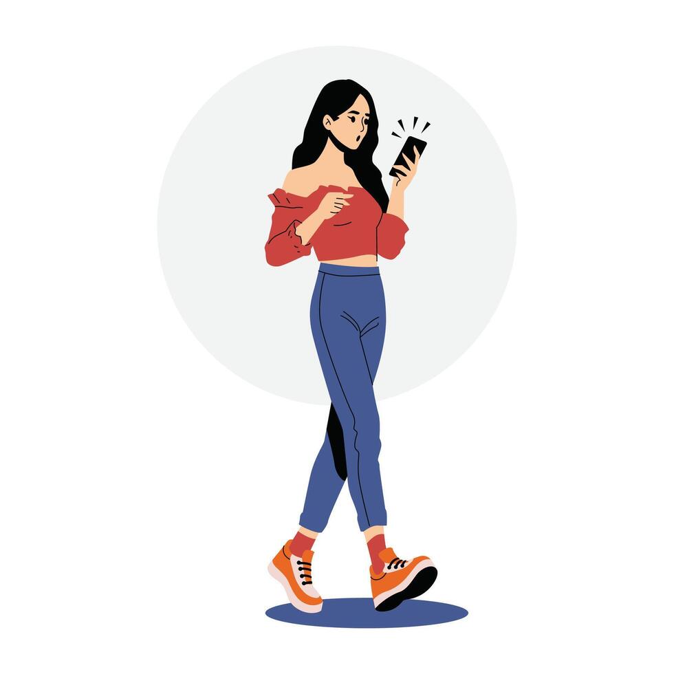 Woman Walking and Looking at Her Cell Phone with a Surprised Expression. vector