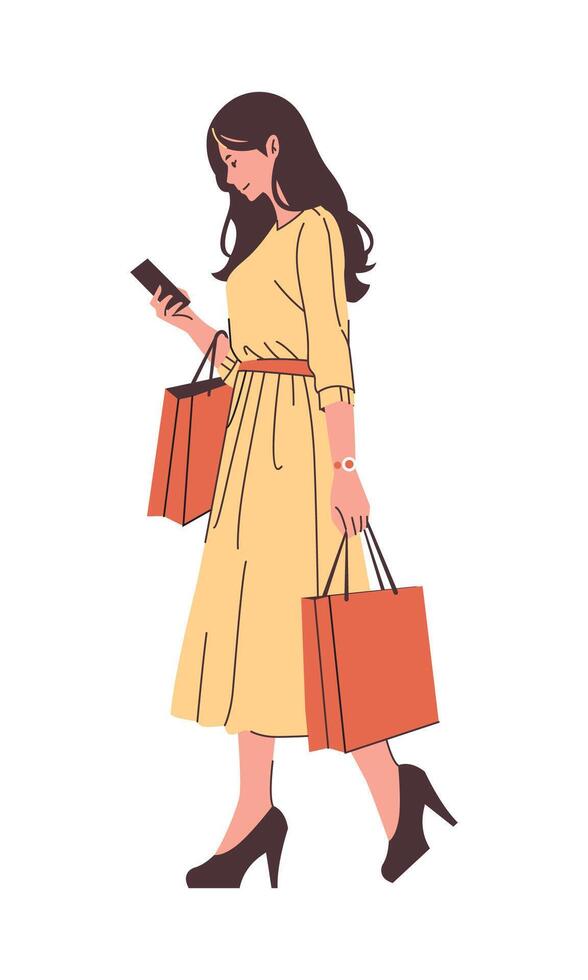 Shopping Woman Walking While Looking at Mobile Phone vector