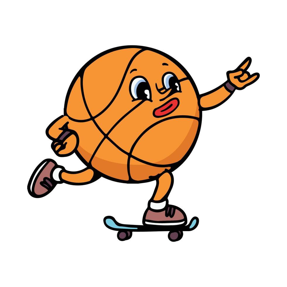 retro mascota, baloncesto pelota patinador vector