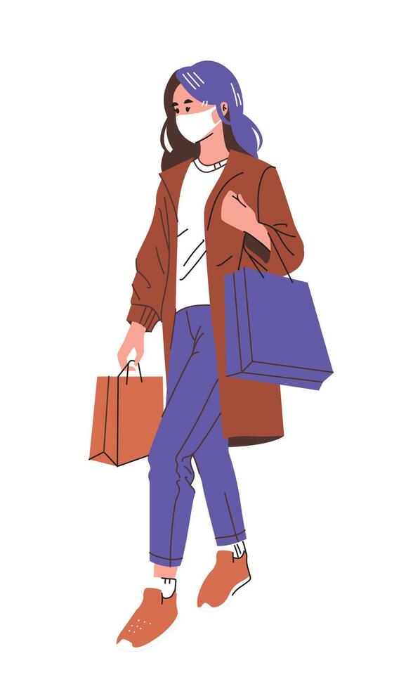 Shopping Woman Walking, Wearing Mask vector