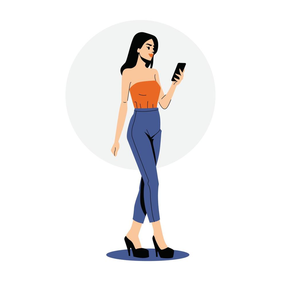 hermosa mujer caminando y mirando a su móvil teléfono. vector