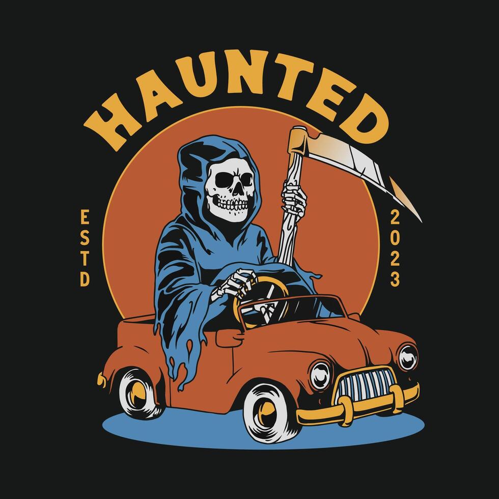 Grim Reaper Ride a Car Toys, T-shirt Design vector