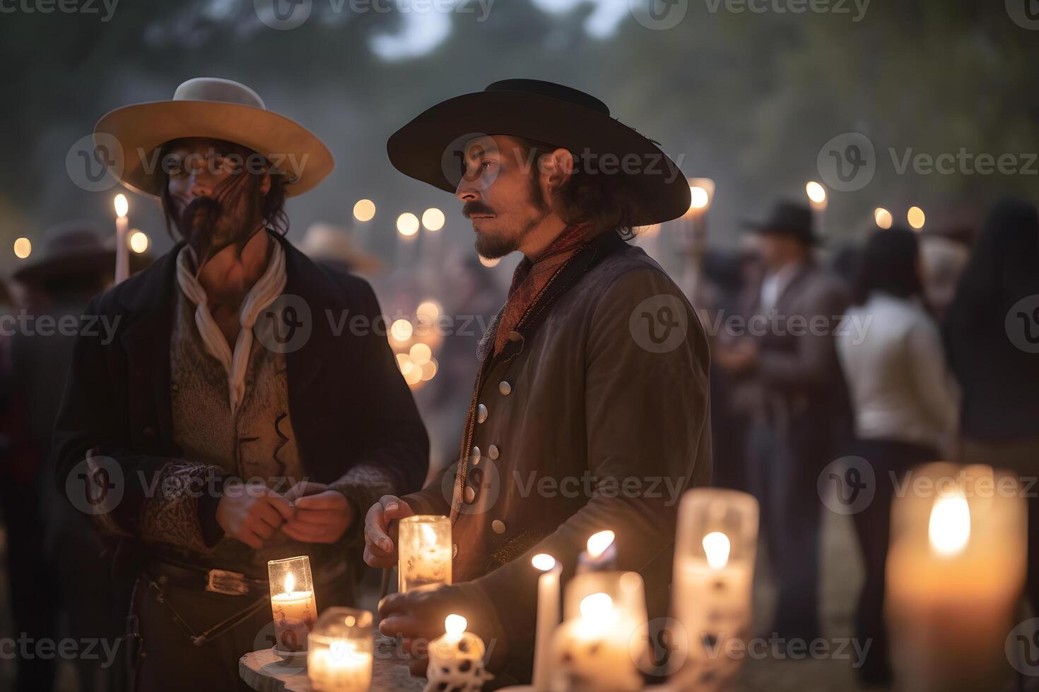 AI generated Two costumed cowboys standing in front of a table with candles at the event for dia de los muertos at night, neural network generated image photo