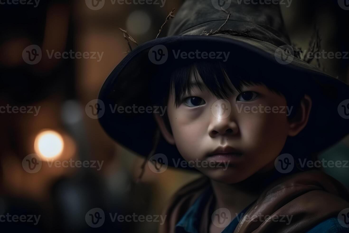 AI generated close portrait of young asian boy dressed in costume for halloween party, neural network generated photorealistic image photo