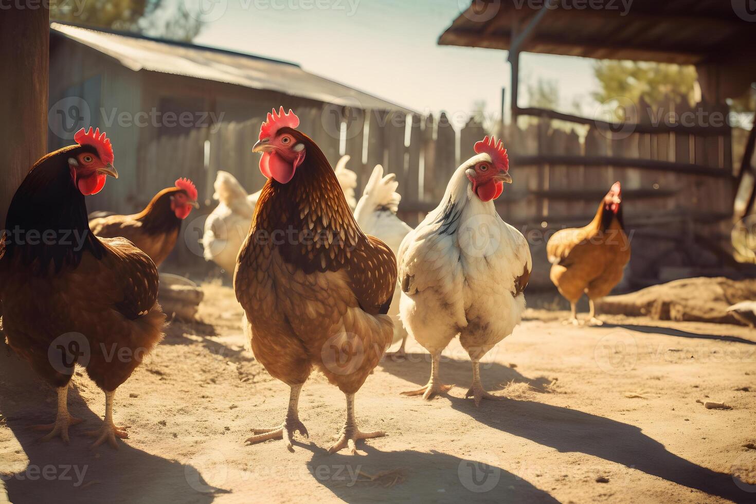 AI generated a group of chickens outside a farm in the sun, neural network generated photorealistic image photo