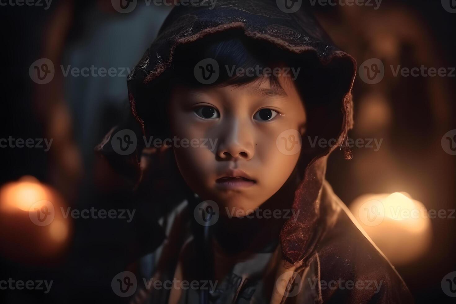 AI generated close portrait of young asian boy dressed in costume for halloween party, neural network generated photorealistic image photo