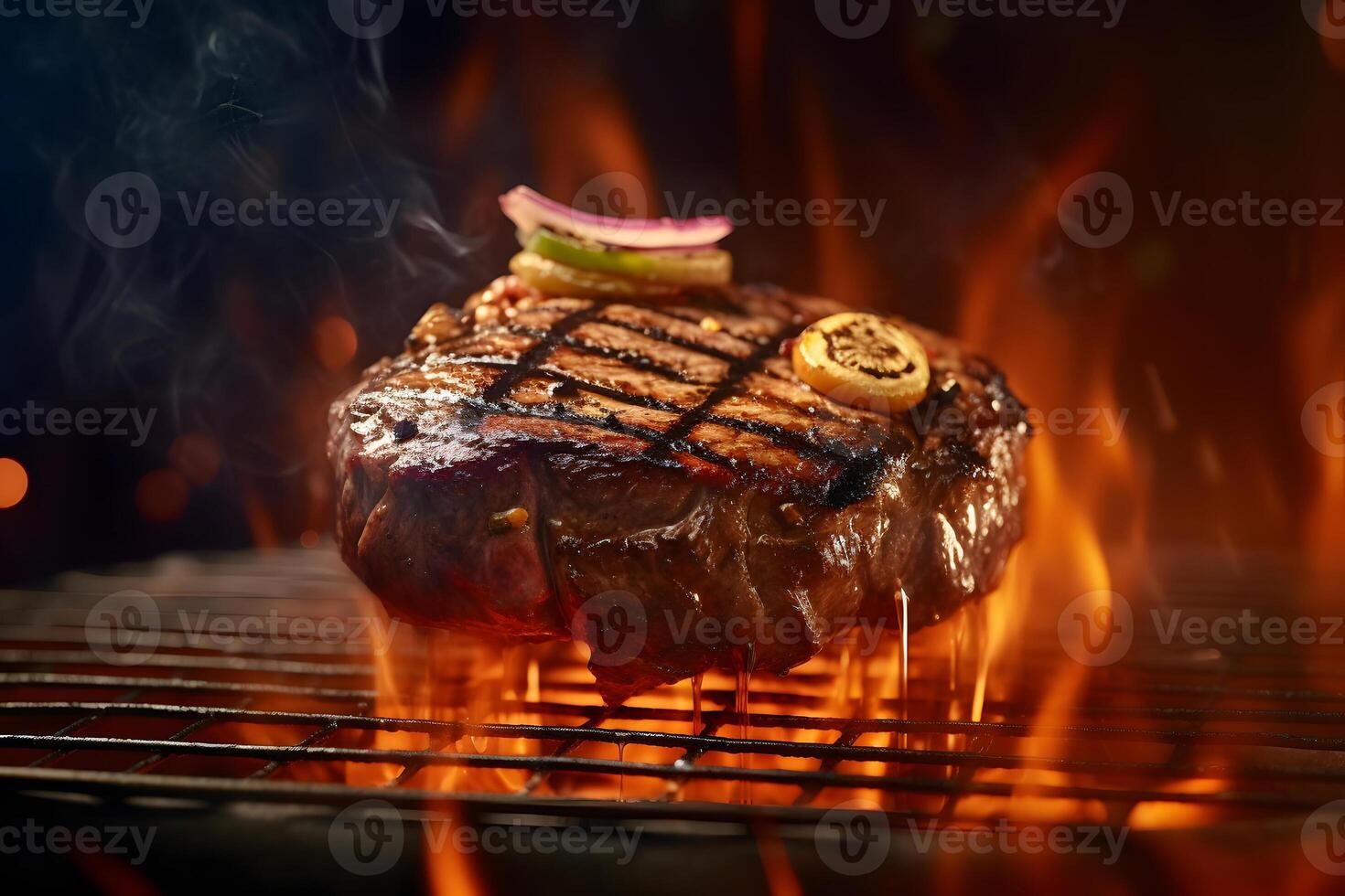 AI generated Tasty beef steak lying on steel grate with fire flames around, neural network generated photorealistic image photo