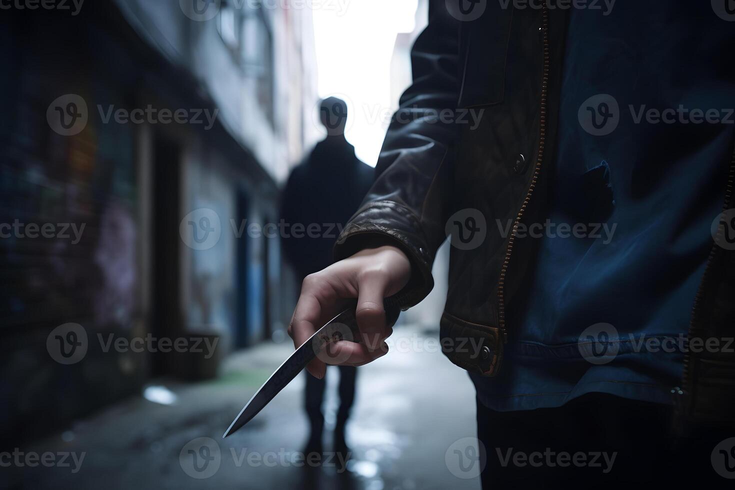 AI generated closeup view of of man holding knife in hand in dark backalley, neural network generated photorealistic image photo