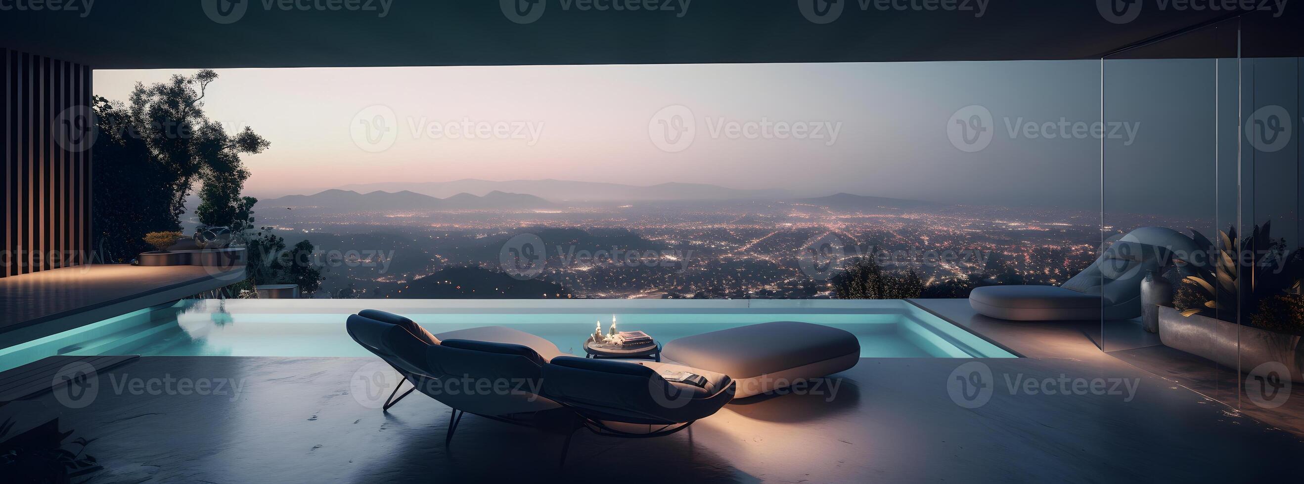 AI generated modern luxury lounge and pool area in the style of french landscaping, neural network generated photorealistic image photo