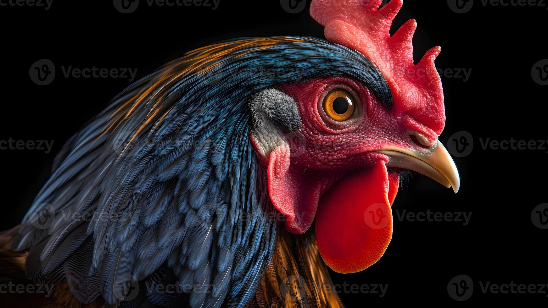 AI generated gorgeous colorful rooster close portrait on black background, neural network generated photorealistic image photo
