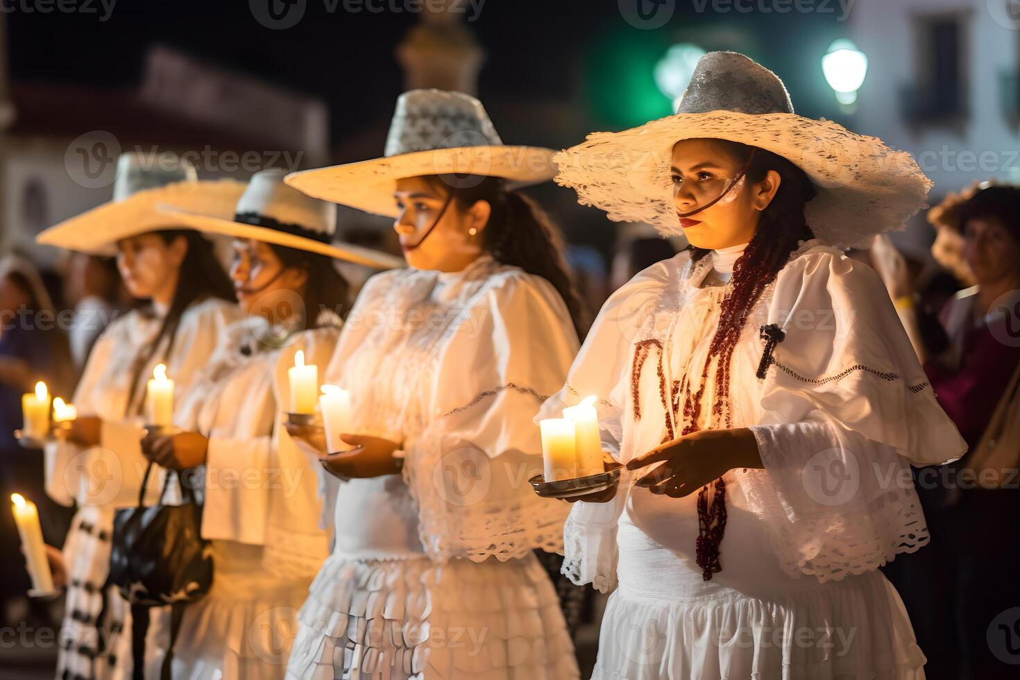 ai generado mujer con catrina disfraces y con cráneo maquillaje participación velas a el desfile para dia Delaware los muertos, neural red generado imagen foto