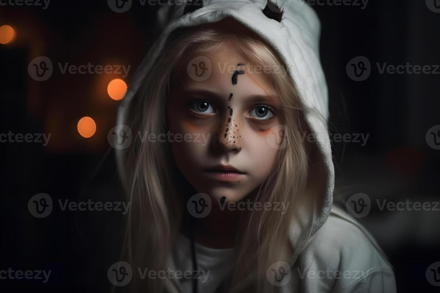 AI generated close portrait of young caucasian girl dressed in costume for halloween party, neural network generated photorealistic image photo