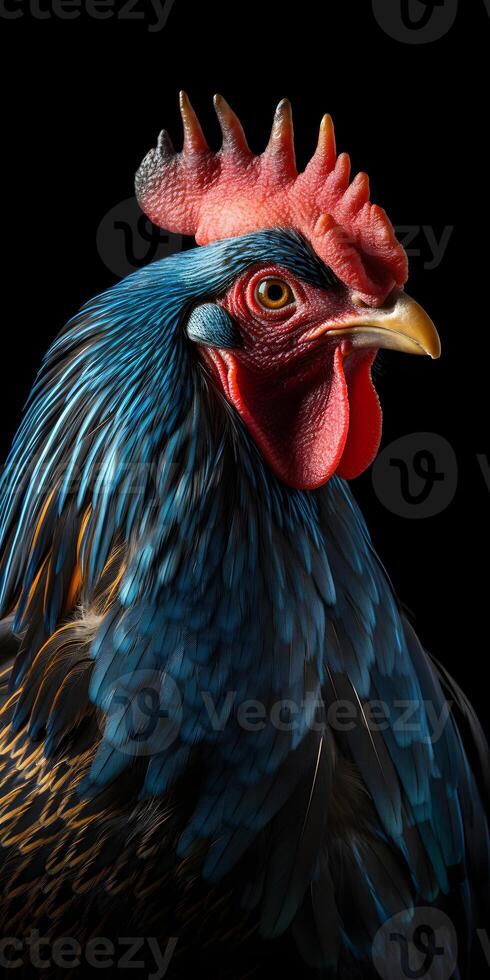 AI generated gorgeous colorful rooster close portrait on black background, neural network generated photorealistic image photo