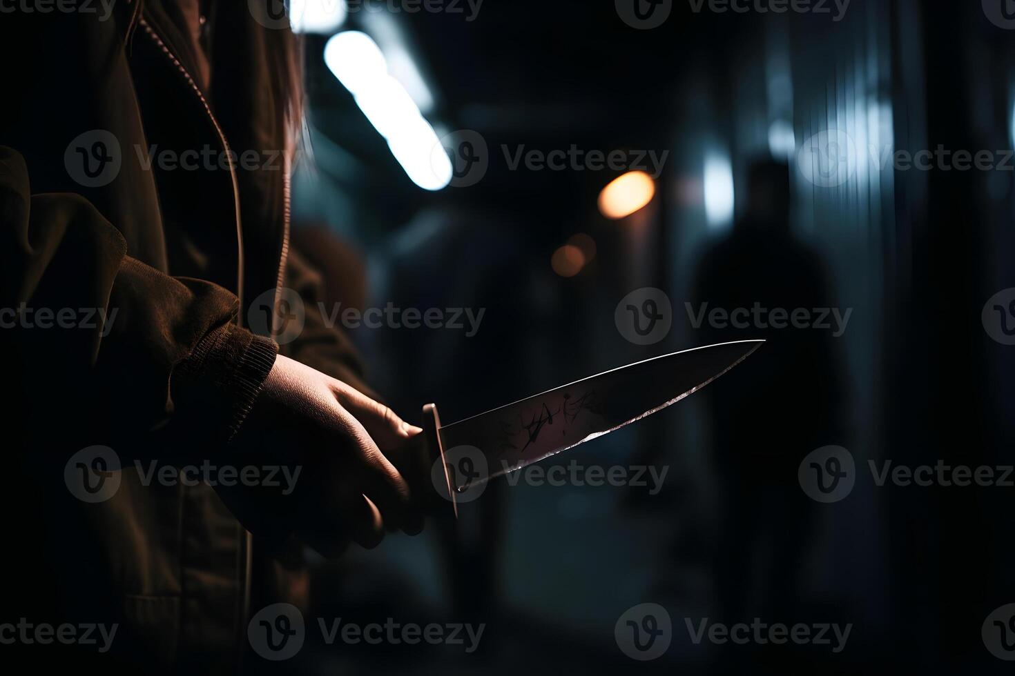 AI generated closeup view of of man holding knife in hand in dark backalley, neural network generated photorealistic image photo