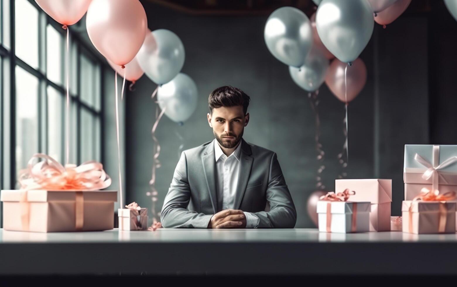 AI generated Celebration birthday concept. Man in grey suit with balloon. Generative AI. photo