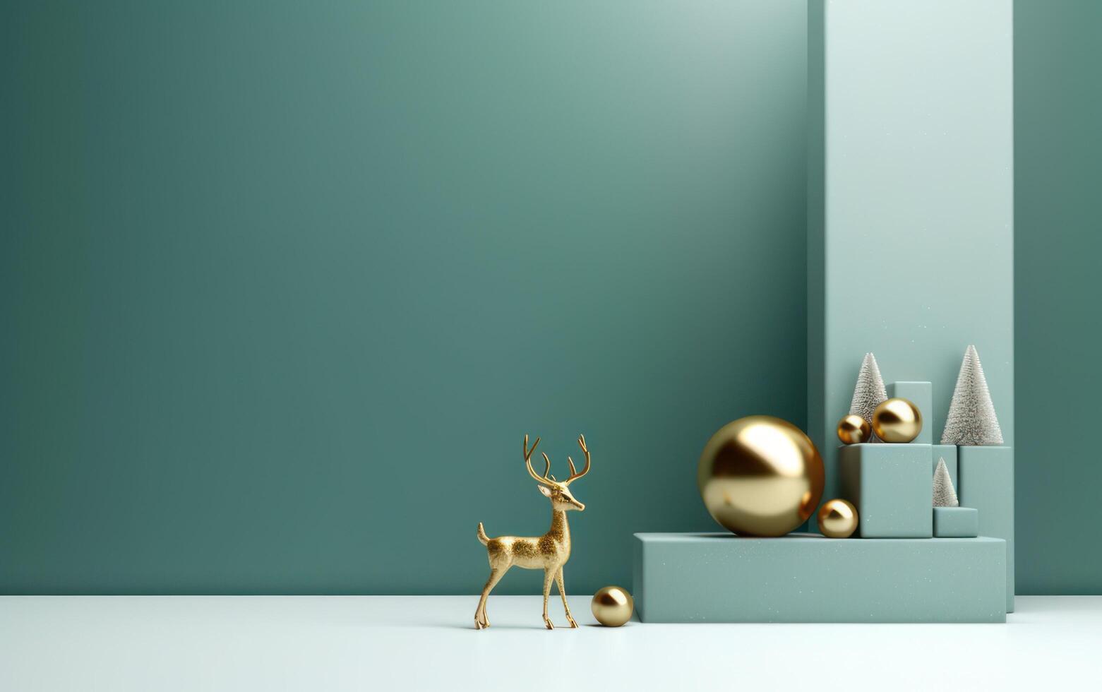 AI generated Podium with christmas decoration by deers in the style of light gray and gold. AI generated photo